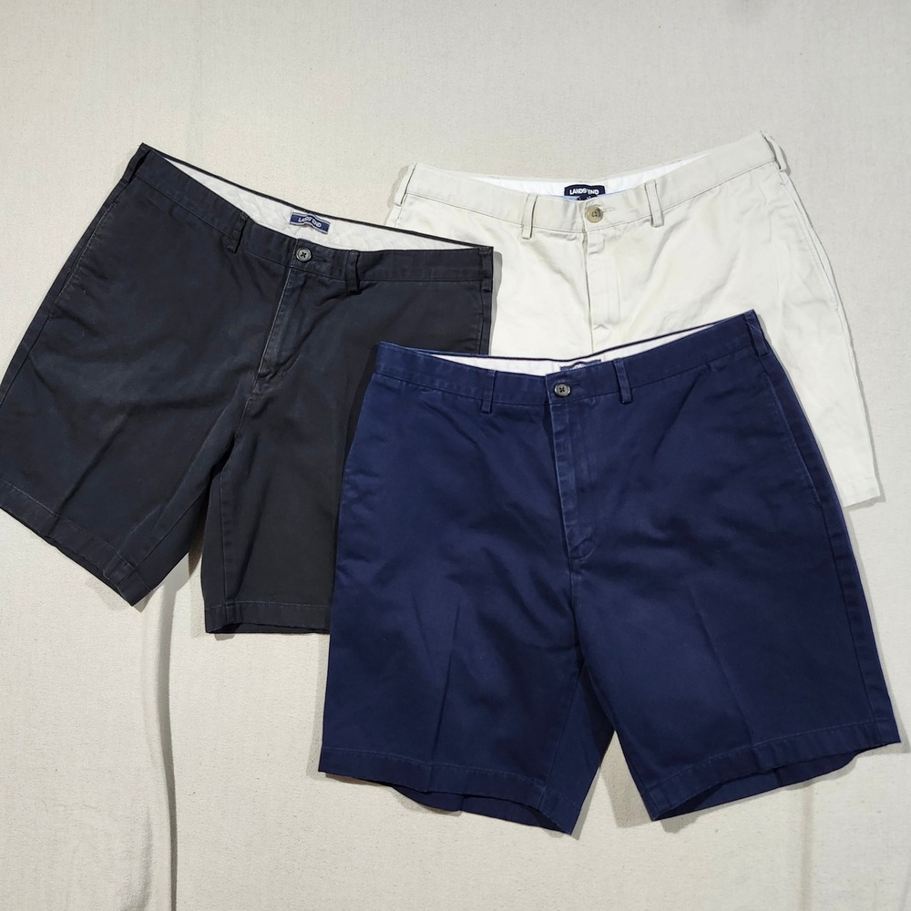 Lands End Mens Chino Shorts Lot of 3 Size 37 Navy Black Khaki Classic Fit Twill